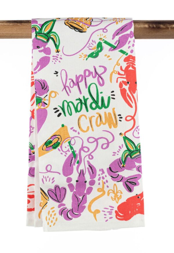 Happy Mardi Craw kitchen tea towel.